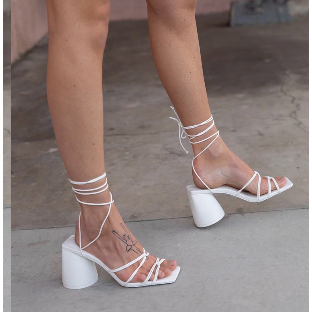 Strappy Lace-Up Block Heel Sandals - White